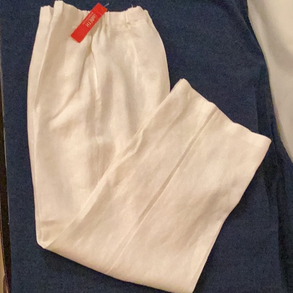 NWT LISBETH white elastic waist band flat front linen pants # S.